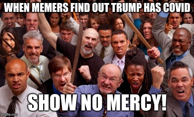 Angry Mob | WHEN MEMERS FIND OUT TRUMP HAS COVID; SHOW NO MERCY! | image tagged in angry mob,2020,trump | made w/ Imgflip meme maker
