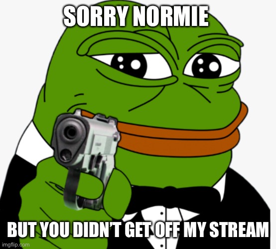 Sorry Normie |  SORRY NORMIE; BUT YOU DIDN’T GET OFF MY STREAM | image tagged in pepe,gun pepe,secret service,join us | made w/ Imgflip meme maker