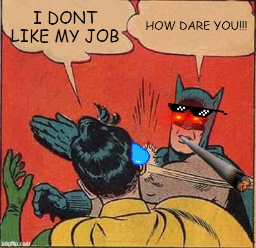 Batman Slapping Robin | I DONT LIKE MY JOB; HOW DARE YOU!!! | image tagged in memes,batman slapping robin | made w/ Imgflip meme maker