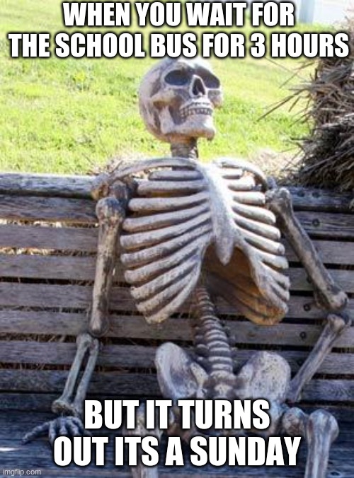 Waiting Skeleton Meme | WHEN YOU WAIT FOR THE SCHOOL BUS FOR 3 HOURS; BUT IT TURNS OUT ITS A SUNDAY | image tagged in memes,waiting skeleton | made w/ Imgflip meme maker