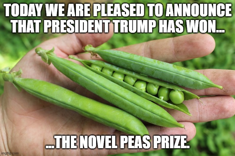 Trump Novel Peas | TODAY WE ARE PLEASED TO ANNOUNCE THAT PRESIDENT TRUMP HAS WON... ...THE NOVEL PEAS PRIZE. | image tagged in peace | made w/ Imgflip meme maker