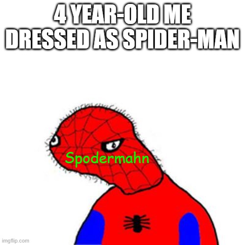 spoderman | 4 YEAR-OLD ME DRESSED AS SPIDER-MAN; Spodermahn | image tagged in spoderman | made w/ Imgflip meme maker