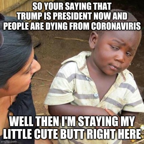 2020 | SO YOUR SAYING THAT TRUMP IS PRESIDENT NOW AND PEOPLE ARE DYING FROM CORONAVIRIS; WELL THEN I'M STAYING MY LITTLE CUTE BUTT RIGHT HERE | image tagged in memes,third world skeptical kid | made w/ Imgflip meme maker