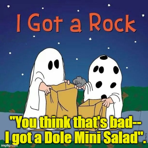 Charlie Brown's Halloween | "You think that's bad-- I got a Dole Mini Salad". | image tagged in charlie brown,peanuts,charlie brown halloween rock,happy halloween,eating healthy | made w/ Imgflip meme maker