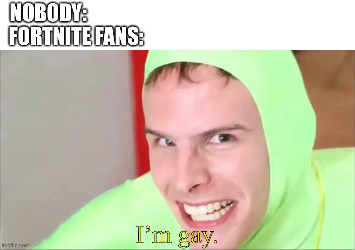 I’m gay | NOBODY:              
FORTNITE FANS:; I’m gay. | image tagged in i m gay | made w/ Imgflip meme maker