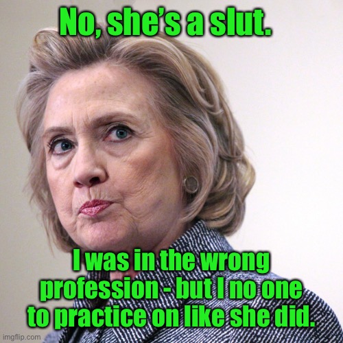 hillary clinton pissed | No, she’s a slut. I was in the wrong profession - but I no one to practice on like she did. | image tagged in hillary clinton pissed | made w/ Imgflip meme maker