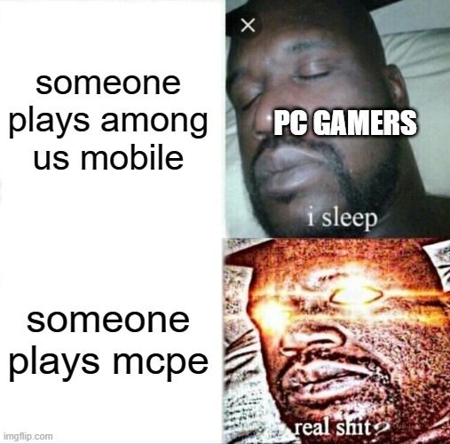 minecraft is minecraft | someone plays among us mobile; PC GAMERS; someone plays mcpe | image tagged in memes,sleeping shaq | made w/ Imgflip meme maker