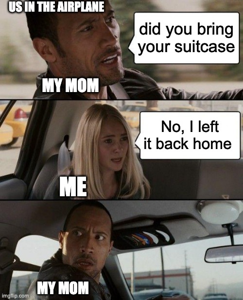 The Rock Driving | US IN THE AIRPLANE; did you bring your suitcase; MY MOM; No, I left it back home; ME; MY MOM | image tagged in memes,the rock driving | made w/ Imgflip meme maker