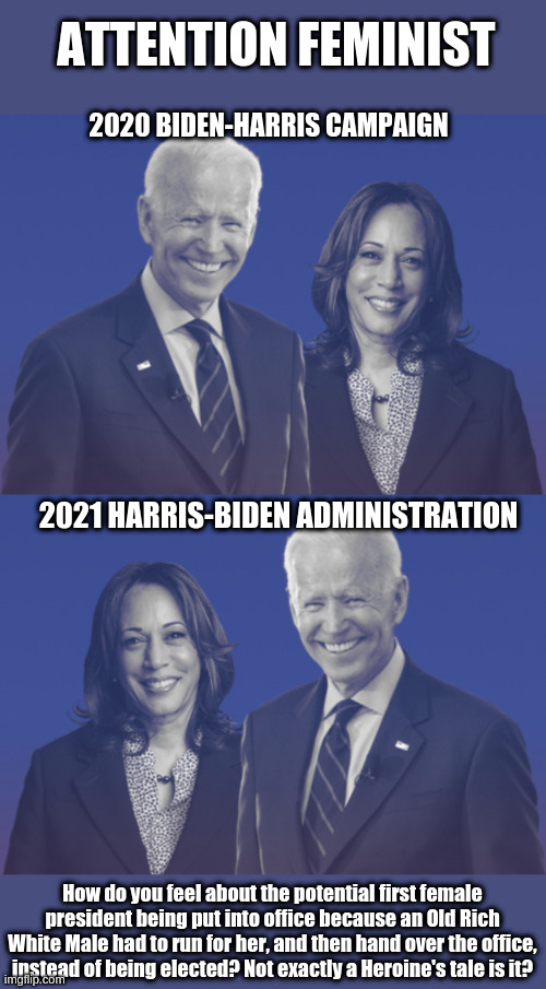 A heroine's Tale | ATTENTION FEMINIST; 2020 BIDEN-HARRIS CAMPAIGN; 2021 HARRIS-BIDEN ADMINISTRATION; How do you feel about the potential first female president being put into office because an Old Rich White Male had to run for her, and then hand over the office, instead of being elected? Not exactly a Heroine's tale is it? | image tagged in biden harris 2020 | made w/ Imgflip meme maker