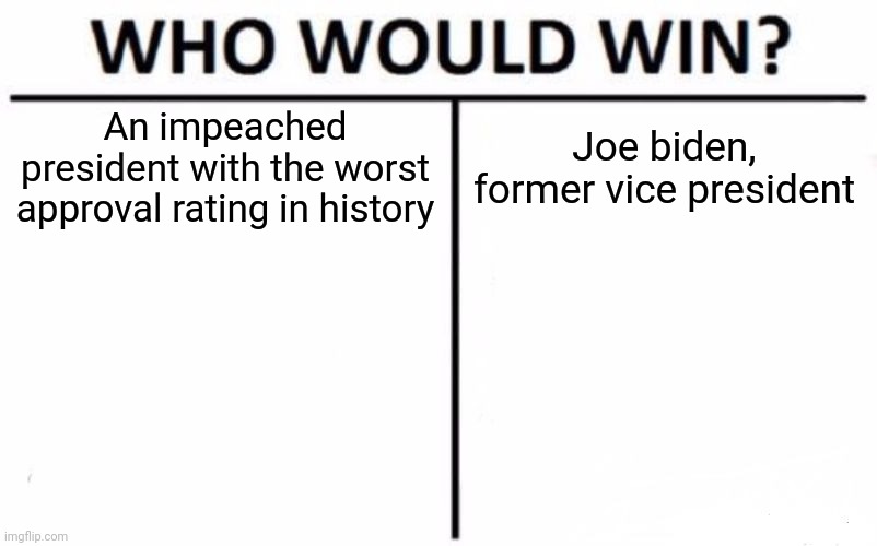 Trump also lost the popular vote by millions | An impeached president with the worst approval rating in history; Joe biden, former vice president | image tagged in memes,who would win,donald trump,joe biden | made w/ Imgflip meme maker