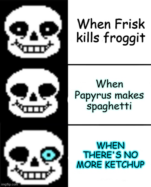 sans | When Frisk kills froggit; When Papyrus makes spaghetti; WHEN THERE'S NO MORE KETCHUP | image tagged in sans | made w/ Imgflip meme maker
