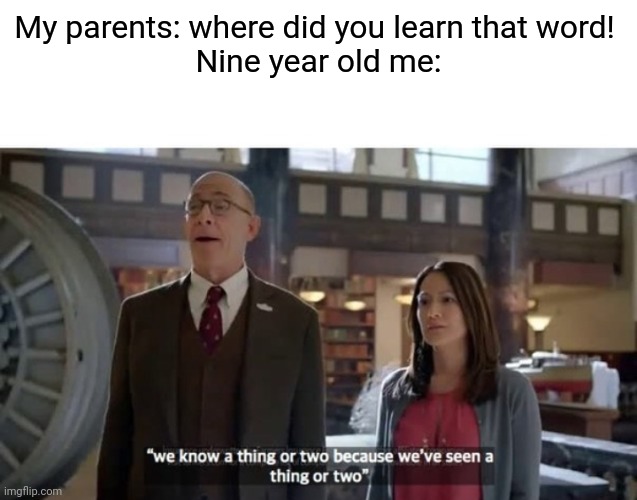 We know a thing or two because we've seen a thing or two | My parents: where did you learn that word! 
Nine year old me: | image tagged in we know a thing or two,memes,funny | made w/ Imgflip meme maker
