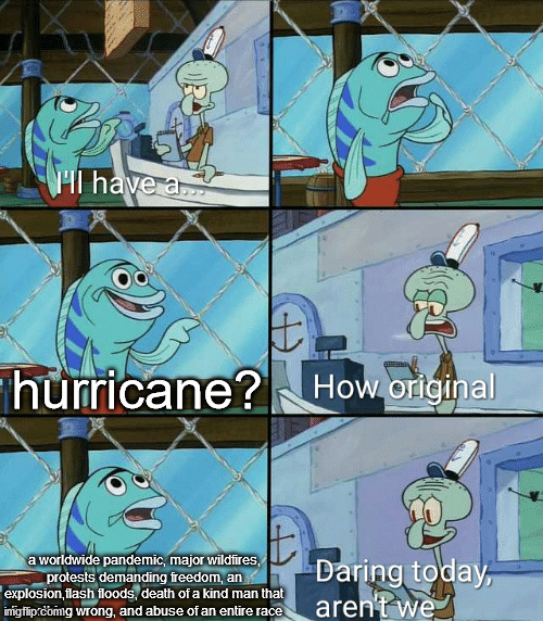 Daring today, aren't we squidward | hurricane? a worldwide pandemic, major wildfires, protests demanding freedom, an explosion,flash floods, death of a kind man that did nothing wrong, and abuse of an entire race | image tagged in daring today aren't we squidward | made w/ Imgflip meme maker