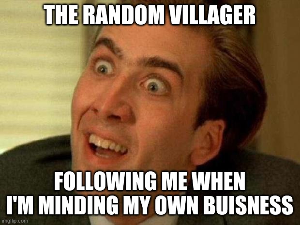 Nicolas cage | THE RANDOM VILLAGER; FOLLOWING ME WHEN I'M MINDING MY OWN BUISNESS | image tagged in nicolas cage | made w/ Imgflip meme maker