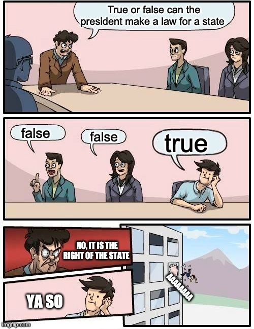 Boardroom Meeting Suggestion Meme | True or false can the president make a law for a state; false; false; true; NO, IT IS THE RIGHT OF THE STATE; AAAAAAAA; YA SO | image tagged in memes,boardroom meeting suggestion | made w/ Imgflip meme maker