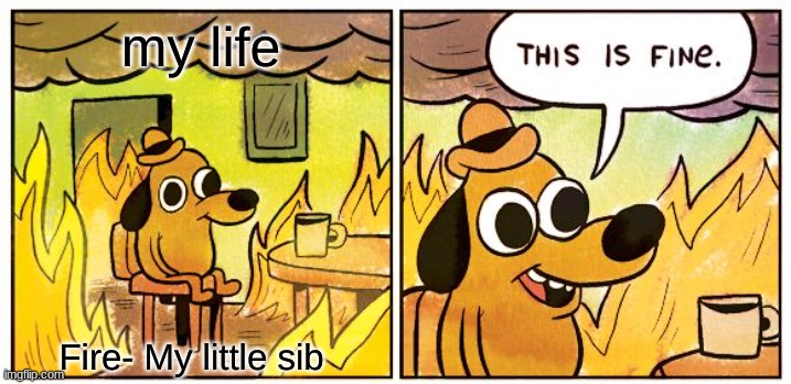 This Is Fine | my life; Fire- My little sib | image tagged in memes,this is fine | made w/ Imgflip meme maker