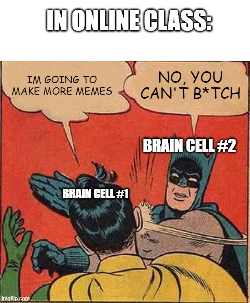 What happens in my brain everyday | IN ONLINE CLASS:; IM GOING TO MAKE MORE MEMES; NO, YOU CAN'T B*TCH; BRAIN CELL #2; BRAIN CELL #1 | image tagged in memes,batman slapping robin,school meme | made w/ Imgflip meme maker