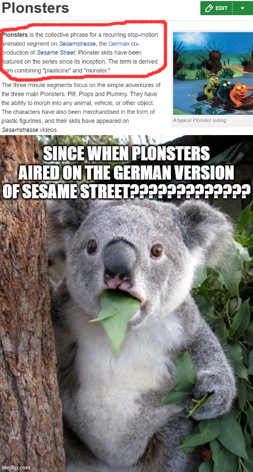 does anyone but ME even REMEMBER Plonsters, anyone? | SINCE WHEN PLONSTERS AIRED ON THE GERMAN VERSION OF SESAME STREET????????????? | image tagged in memes,surprised koala,plonsters | made w/ Imgflip meme maker