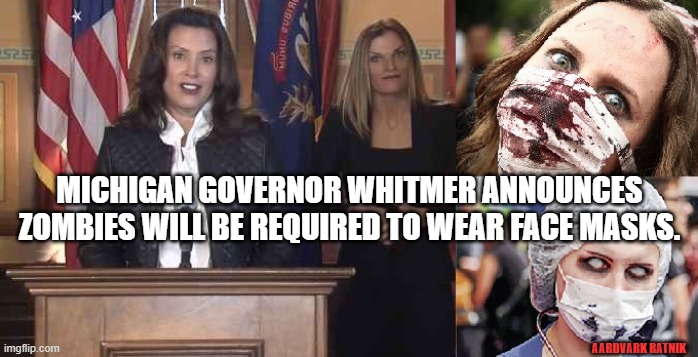 zombie mask order | MICHIGAN GOVERNOR WHITMER ANNOUNCES ZOMBIES WILL BE REQUIRED TO WEAR FACE MASKS. AARDVARK RATNIK | image tagged in funny memes,zombies,michigan | made w/ Imgflip meme maker