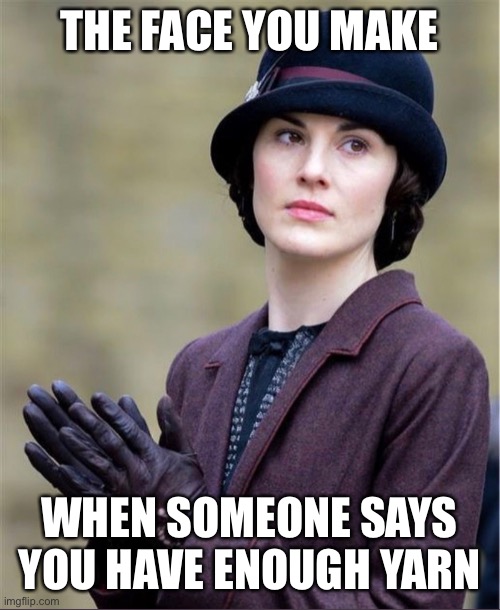 THE FACE YOU MAKE; WHEN SOMEONE SAYS YOU HAVE ENOUGH YARN | image tagged in yarn,crochet,knitting,downton abbey | made w/ Imgflip meme maker
