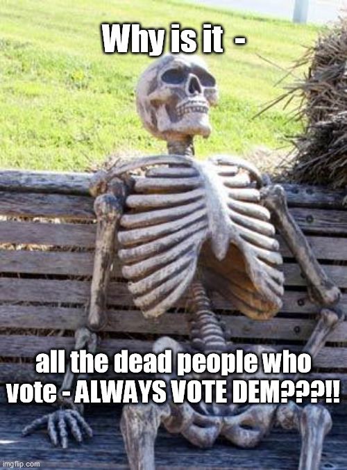 Waiting Skeleton | Why is it  -; all the dead people who vote - ALWAYS VOTE DEM???!! | image tagged in memes,waiting skeleton | made w/ Imgflip meme maker