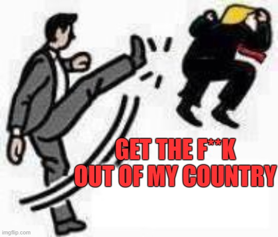 GET THE F**K OUT OF MY COUNTRY! | GET THE F**K OUT OF MY COUNTRY | image tagged in trump,treason,traitor,get the f out,kick in the butt,country | made w/ Imgflip meme maker