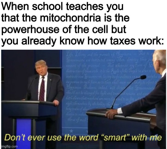 When school teaches you that the mitochondria is the powerhouse of the cell but you already know how taxes work: | made w/ Imgflip meme maker