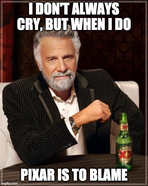 The Most Interesting Man In The World | I DON'T ALWAYS CRY, BUT WHEN I DO; PIXAR IS TO BLAME | image tagged in memes,the most interesting man in the world,pixar | made w/ Imgflip meme maker