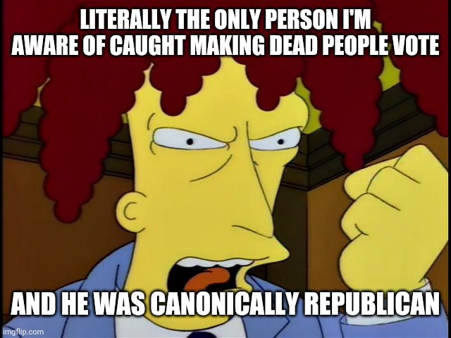 Sideshow Bob Courtspeech | LITERALLY THE ONLY PERSON I'M AWARE OF CAUGHT MAKING DEAD PEOPLE VOTE AND HE WAS CANONICALLY REPUBLICAN | image tagged in sideshow bob courtspeech | made w/ Imgflip meme maker