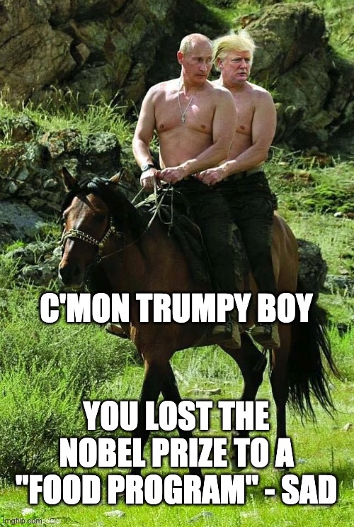 Loser, yet again | C'MON TRUMPY BOY; YOU LOST THE NOBEL PRIZE TO A "FOOD PROGRAM" - SAD | image tagged in trump putin,trump,election,putin,puppet,donald trump | made w/ Imgflip meme maker