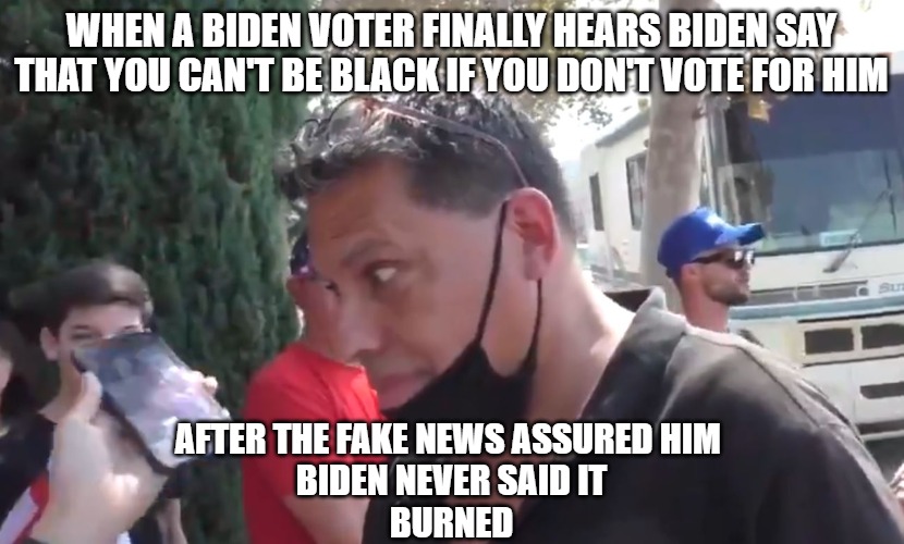 So much Fake News from the MSM | WHEN A BIDEN VOTER FINALLY HEARS BIDEN SAY THAT YOU CAN'T BE BLACK IF YOU DON'T VOTE FOR HIM; AFTER THE FAKE NEWS ASSURED HIM 
BIDEN NEVER SAID IT
BURNED | image tagged in fake news,memes,funny,biden,pedo,2020 | made w/ Imgflip meme maker