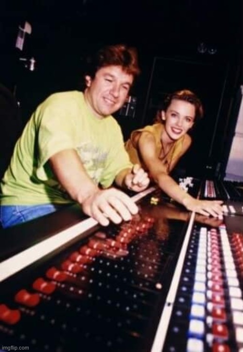 Kylie at the controls with Pete Hammond for her second album, "Enjoy Yourself" | image tagged in kylie controls | made w/ Imgflip meme maker