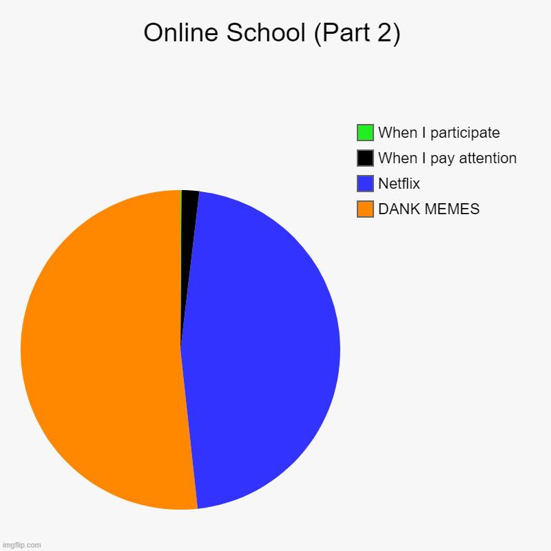 Part 2 | Online School (Part 2) | DANK MEMES, Netflix, When I pay attention , When I participate | image tagged in charts,pie charts | made w/ Imgflip chart maker