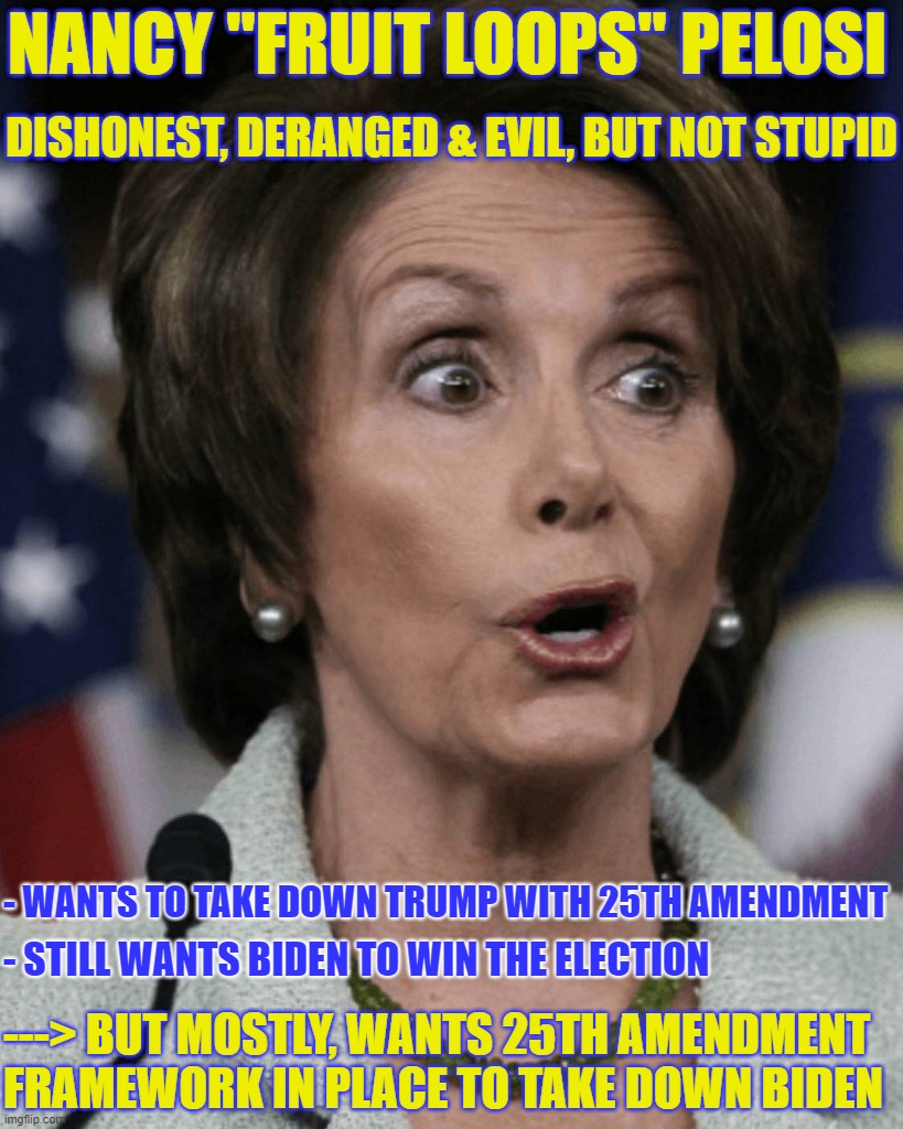 NANCY "FRUIT LOOPS" PELOSI; DISHONEST, DERANGED & EVIL, BUT NOT STUPID; - WANTS TO TAKE DOWN TRUMP WITH 25TH AMENDMENT; - STILL WANTS BIDEN TO WIN THE ELECTION; ---> BUT MOSTLY, WANTS 25TH AMENDMENT FRAMEWORK IN PLACE TO TAKE DOWN BIDEN | image tagged in nancy pelosi,nancy pelosi wtf,donald trump,trump landslide 2020,25th amendment | made w/ Imgflip meme maker