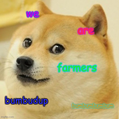 Doge | we; are; farmers; bumbudup; bumbumbumbum | image tagged in memes,doge | made w/ Imgflip meme maker