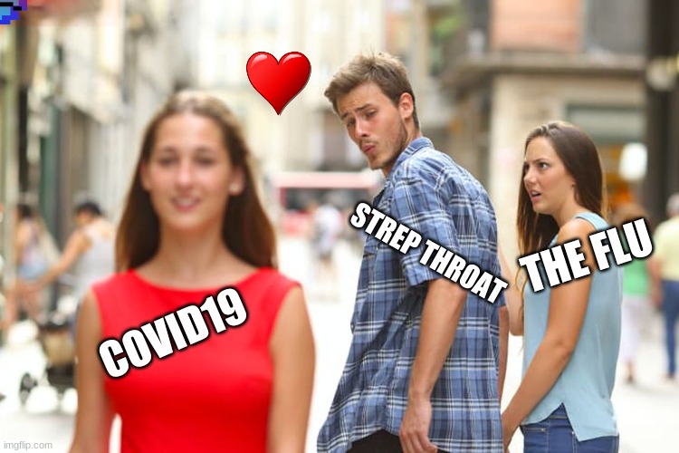 Distracted Boyfriend | THE FLU; STREP THROAT; COVID19 | image tagged in memes,distracted boyfriend | made w/ Imgflip meme maker