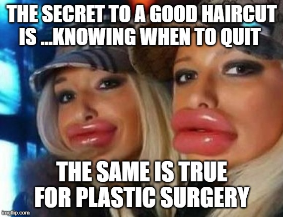 Know when to quit | THE SECRET TO A GOOD HAIRCUT IS ...KNOWING WHEN TO QUIT; THE SAME IS TRUE FOR PLASTIC SURGERY | image tagged in memes,duck face chicks,quit | made w/ Imgflip meme maker