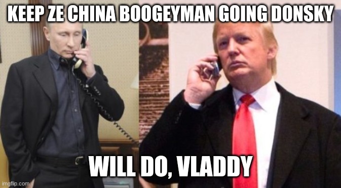 Trump Putin phone call | KEEP ZE CHINA BOOGEYMAN GOING DONSKY WILL DO, VLADDY | image tagged in trump putin phone call | made w/ Imgflip meme maker