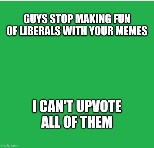 help | GUYS STOP MAKING FUN OF LIBERALS WITH YOUR MEMES; I CAN'T UPVOTE ALL OF THEM | image tagged in green screen,help,conservatives,liberal logic,upvotes | made w/ Imgflip meme maker