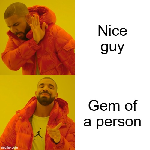 What a Gem | Nice guy; Gem of a person | image tagged in memes,drake hotline bling,nice guy,funny memes,drake,lol | made w/ Imgflip meme maker