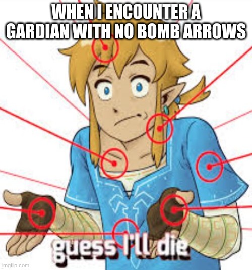 guess i'll die link | WHEN I ENCOUNTER A GARDIAN WITH NO BOMB ARROWS | image tagged in guess i'll die link,link,legend of zelda,the legend of zelda breath of the wild | made w/ Imgflip meme maker