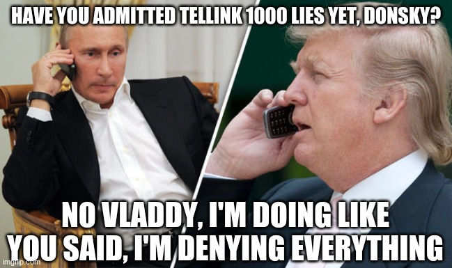 trump putin | HAVE YOU ADMITTED TELLINK 1000 LIES YET, DONSKY? NO VLADDY, I'M DOING LIKE YOU SAID, I'M DENYING EVERYTHING | image tagged in trump putin | made w/ Imgflip meme maker