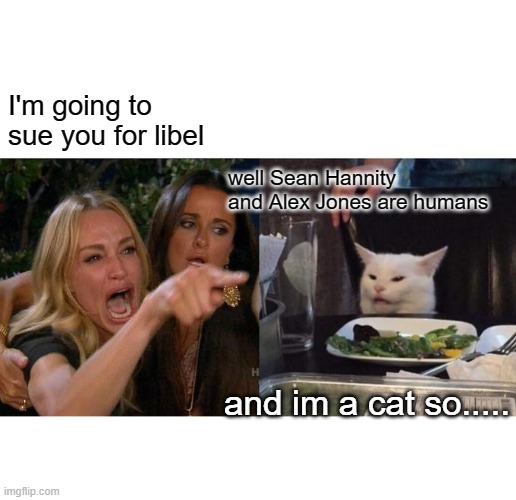 Woman Yelling At Cat | I'm going to sue you for libel; well Sean Hannity and Alex Jones are humans; and im a cat so..... | image tagged in memes,woman yelling at cat,liberal vs conservative,free speech,roll safe think about it | made w/ Imgflip meme maker