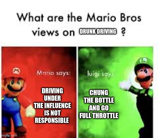 The Mario Bros Views On Drunk Driving | DRUNK DRIVING; DRIVING UNDER THE INFLUENCE IS NOT RESPONSIBLE; CHUNG THE BOTTLE AND GO FULL THROTTLE | image tagged in video games | made w/ Imgflip meme maker