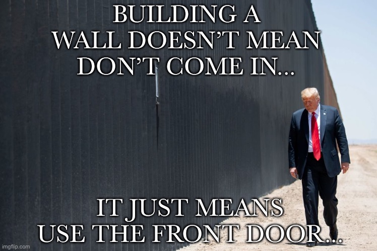 BUILDING A WALL DOESN’T MEAN DON’T COME IN... IT JUST MEANS USE THE FRONT DOOR... | image tagged in trump,election 2020,donald trump,2020 | made w/ Imgflip meme maker