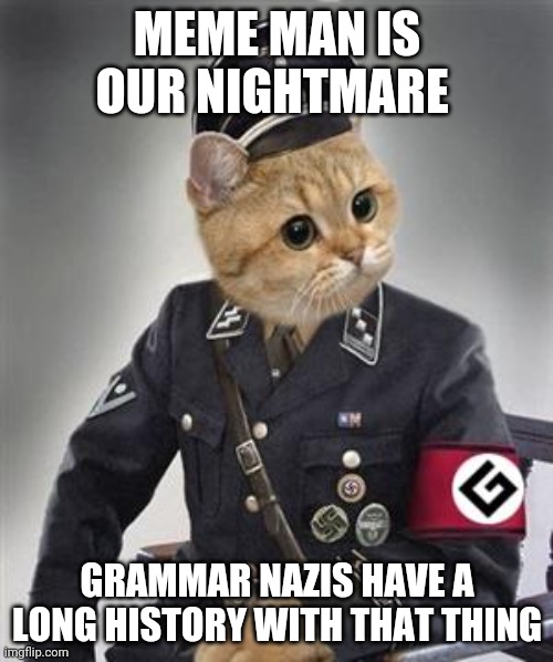 Grammar Nazi Cat | MEME MAN IS OUR NIGHTMARE; GRAMMAR NAZIS HAVE A LONG HISTORY WITH THAT THING | image tagged in grammar nazi cat | made w/ Imgflip meme maker