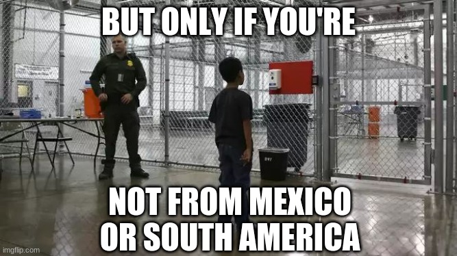 ICE detention center | BUT ONLY IF YOU'RE NOT FROM MEXICO OR SOUTH AMERICA | image tagged in ice detention center | made w/ Imgflip meme maker