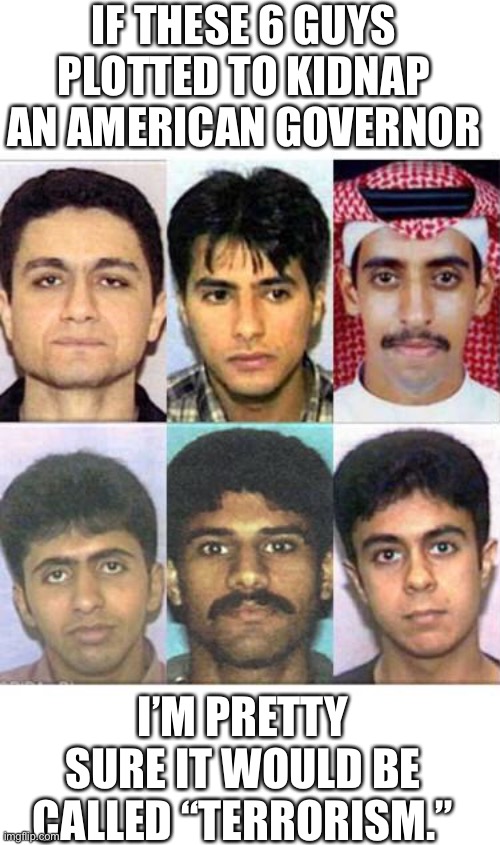 Just sayin. | IF THESE 6 GUYS PLOTTED TO KIDNAP AN AMERICAN GOVERNOR; I’M PRETTY SURE IT WOULD BE CALLED “TERRORISM.” | image tagged in domestic terrorism | made w/ Imgflip meme maker