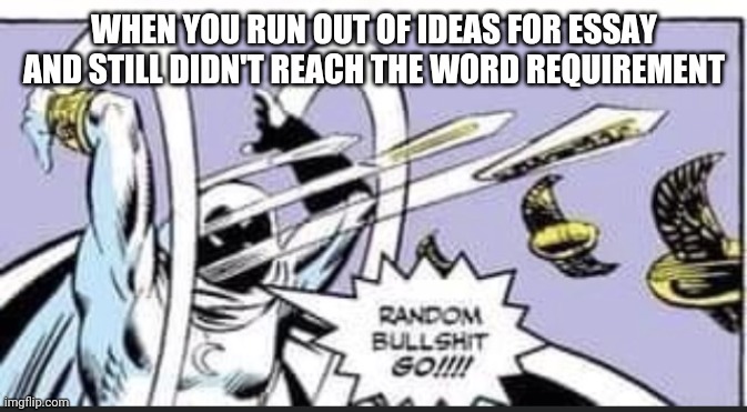 Random Bullshit Go | WHEN YOU RUN OUT OF IDEAS FOR ESSAY AND STILL DIDN'T REACH THE WORD REQUIREMENT | image tagged in random bullshit go | made w/ Imgflip meme maker