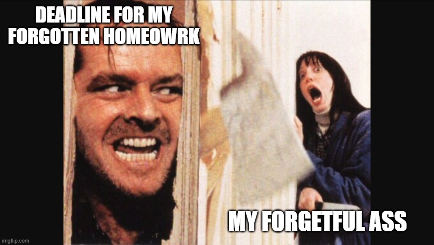 deadlines. They do exist. | DEADLINE FOR MY FORGOTTEN HOMEOWRK; MY FORGETFUL ASS | image tagged in here's johnny | made w/ Imgflip meme maker